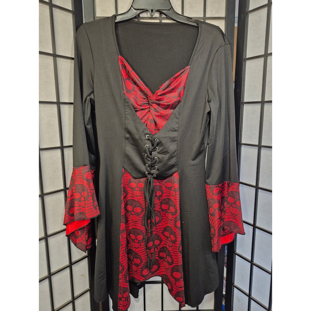 Black Red Skull Print Lace Up Corset Bell Sleeve Gothic Mini Dress Medium